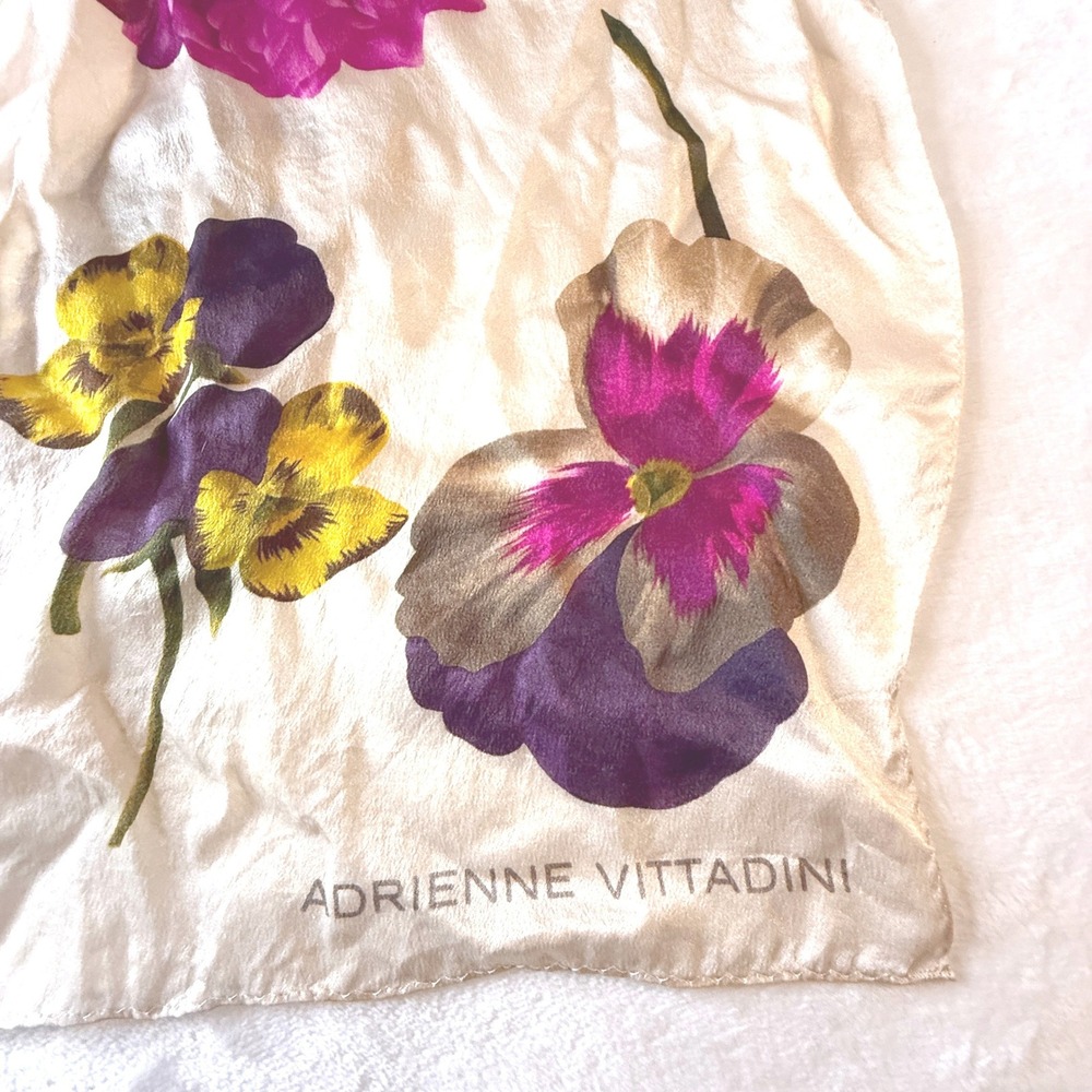Adrienne Vittadini 100% Silk Floral Oblong Scarf Pansy Tulip Cottagecore